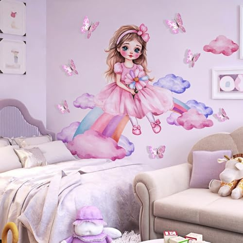 Lekabee Schmetterling Mädchen Wandaufkleber | Regenbogen Mädchen Schmetterling Wolken Wandabziehbild, für Baby Kinderzimmer Schlafzimmer Spielzimmer