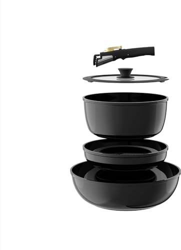 OUBRL Pots and Pans Set Non Stick, Ceramic Cookware Set Detachable/Removable Handles, RV Camping Kitchen Cooking Set, Dishwasher/Oven/Fridge Safe, Induction, Space Saving (Black-Gold, 5 Piece)