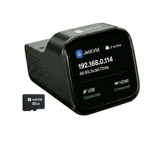 BitPC Interruptor KVM IP de código Abierto JetKVM Computadora Control Remoto Dispositivos Activos LP/Mac/HDMl/USB Estado LCD USB-C (alimentación/Teclado/ratón) Mac/Windows/Linux (vídeo de operación