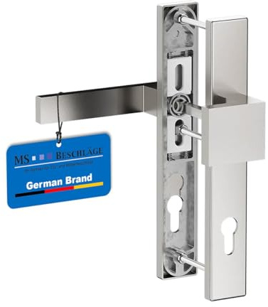MS Beschläge Schmalrahmengarnitur 92mm Edelstahl-Optik - Türdrücker Langschildgarnitur eckig PZ Lochung - Haustür- Balkontür- Nebeneingangsbeschlag 248x37mm (Knopf/Drücker, Türstärke 71-86mm)