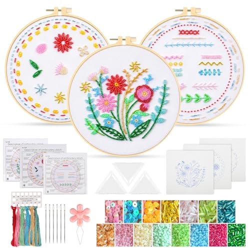 EEEKit Perlen Sticken Set für Anfänger: 3 Sets Stickset für Erwachsene | Blumenmuster Pflanzen Embroidery Kit - Perlen Stickerei Set mit Reifen Faden Nadeln & Video-Tutorial für DIY Nähen