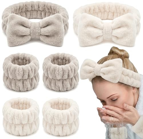 KU 4 Stück Haarband Kosmetik Set, Weiches Spa Stirnband mit Handgelenk Waschband, Rutschfestes Schweißband Damen für Gesichtsreinigung, Make-up, Yoga, Pflege (Grau, Milchweiß)