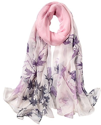 STORY OF SHANGHAI Sciarpa di 100% Seta da Donna Foulard Chiffon con Fantasie Orientale Semi-Trasparente, Foglie con Sfumatura Rosa-Viola