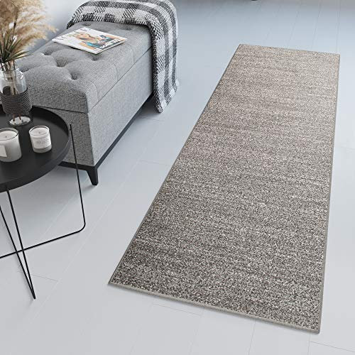 TAPISO Sari Teppich Läufer Flur Grau Meterware Modern Kurzflor Küche Wohnzimmer Schlafzimmer Küchenläufer Brücke nach Maß ÖKOTEX 80 x 400 cm