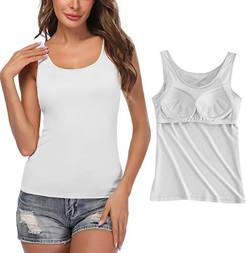 STARBILD Damen BH Hemd mit Cups Unterhemd Basic U-Ausschnitt Eingebauter BH Bügelloser Gepolstert Tank Tops, Weiß M