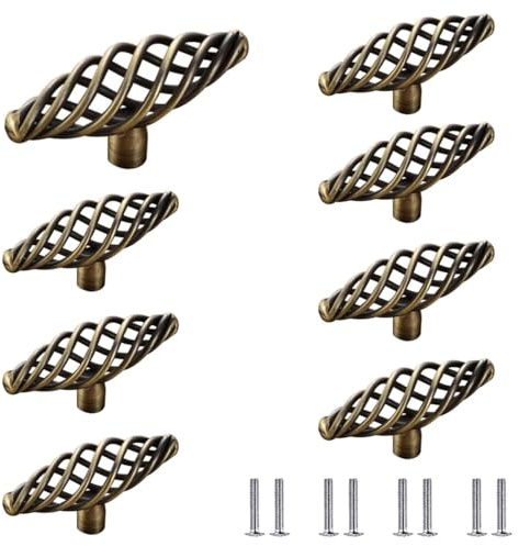 POFET 8pcs Twist Cage Spiral Design Vintage Kitchen Cabinet Cupboard Handles Knobs 7CM Antique brass