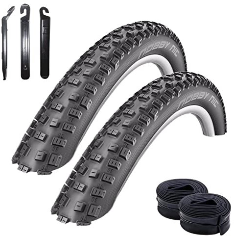Angebot-Set / 2 x Schwalbe Nobby NIC ADDIX E-25 MTB E-Bike Fahrradreifen in Schwarz 57-584 (27.5 x 2.25) + 2 Schwalbe Schläuche AV19 inkl. 3 Reifenheber