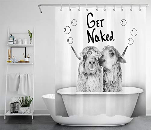 LB Lustig Get Naked Duschvorhang 120x175cm Graues Alpaka Antischimmel Wasserdicht Badezimmer Vorhänge, Süßes Tier Extra Kurz Polyester Stoff Bad Vorhang mit Haken