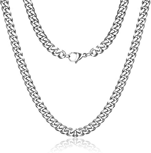 RWQIAN Kubanische Halskette für Männer 9mm Silber Edelstahl Panzerkette Jungen Link Chain Cuban Schmuck Hip-Hop Kette 55CM