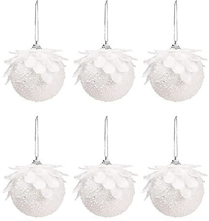 DUDNJC 6 Stück Weihnachtskugeln, 7,6 cm Glitzer, weiße Feder, weiße Blütenblatt, Schaumstoff, bruchsichere Kugel, Ornamente, Weihnachtsbaum, hängende Anhänger für Urlaub, Weihnachten, Neujahr,