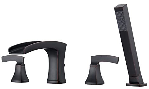 Artiqua Wasserfall-Wannenfüller, römische Wannenarmatur, ölgeriebene Bronze, Deckmontage, Badewannenarmaturen, 4 Löcher, Messing, Badezimmerarmaturen mit Handbrause
