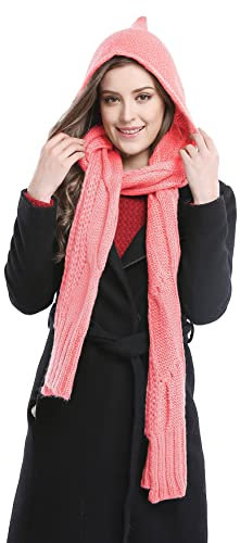 Bellady Winter Strick Kapuzenschal Pullover Kopftuch Hoodie Mütze, rose, Einheitsgröße