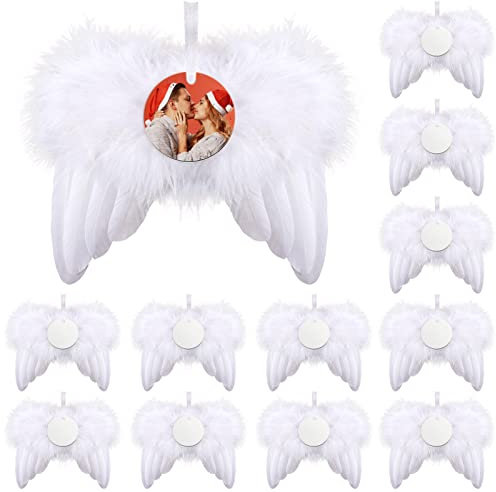 Christmas White Angel Wings Ornament Hanging, Feather Hanging with Sublimation Blanks Round Ornaments for DIY Christmas Tree Crafts Angel Wings Memorial Gifts Xmas Party Decor, 12pcs