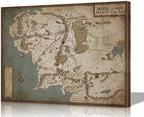 Mittelerde-Karte, Wandkunst, Leinwand, Karte von Mittelerde, 40,6 x 61 cm (H x B) mit innerem Holzrahmen, leicht und einfach aufzuhängen, für Schlafzimmer, Spielzimmer-Dekoration