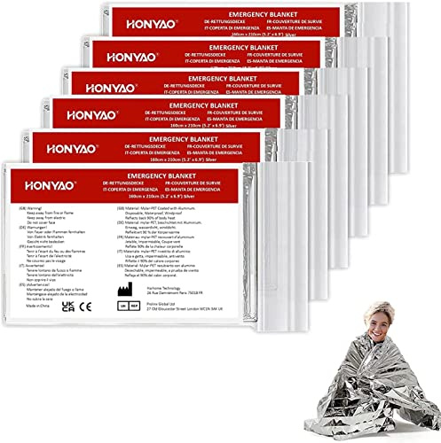HONYAO Rettungsdecke, Erste Hilfe Decke Silber 6 Stück, Notfalldecke Perfekt für Outdoor, Wandern, Überleben, Marathons, Erste Hilfe, Robust, Reißfest & Wasserdicht, 210×160cm