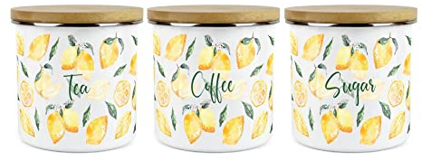 Purely Home Painted Lemons Tea Coffee Sugar Canister Set - White Metal Enamel Kitchen Food Storage Containers