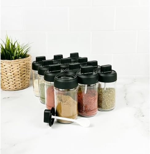 12 Pcs Conteneurs à condiments avec cuillère Ensemble d'assaisonnements de 300 ml Ensemble de condiments en verre haut Ensemble de services d'exposition de conteneurs Pots à épices