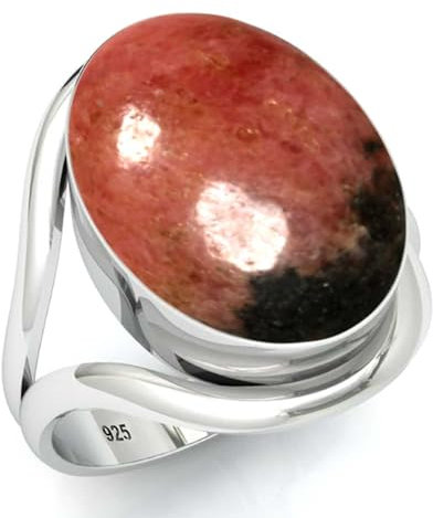 Jeweloporium Real Rosa Rhodonit in schwarzem Mangan 925 Silber Ringe für Frauen Edelstein Handgefertigt Silber Ringe Größe 56(17.8) das Erntedankfest Geschenk Cocktail Schmuck