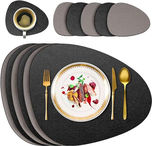 6er Set Tischsets Abwaschbare mit Untersetzern, Doppelseitige Platzdeckchen Lederoptik wasserdichte Platzsets für Esstisch, Küche, Restaurant & Zuhause (Schwarz)
