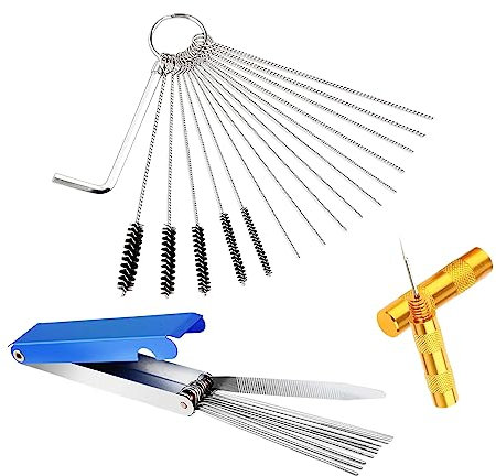 Vergaser Reiniger Set, Vergaser Kohlenstoff Schmutzentferner,10 Reinigungsnadeln+5 Nylonbürsten+1 Schraubenschlüssel+13 Reinigungsdrähte Set+1 Schärfswerkzeug-Kits für Motorrad, ATV, Moped, Vergaser