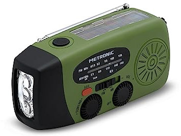 Metronic Radio FM Solaire Portable Chargement 2000mAh Dynamo - Poste avec Bouton SOS Urgence - Fonction Torche Eclairage LED - Verte et Noire - 477216
