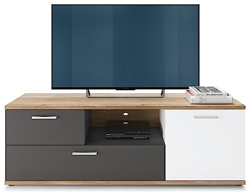 Lomadox Lowboard Fernsehschrank in Eiche Nb. mit weiß und grau, B/H/T ca. 150/45/40 cm
