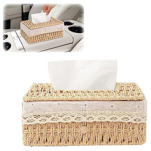 Taschentuchbox aus Rattan Niedliche Größe klein, Taschentuchspender mit Futter Kosmetiktücher Box Organizer Tissue Aufbewahrungsbox für Schlafzimmer Haushalt Küche Bad Wohnzimmer Büro Hotel