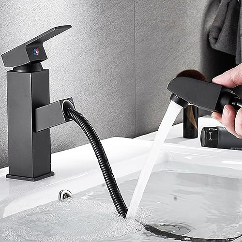 Turnaroundtech Grifo lavabo negro extensible acero inoxidable monomando agua fria y caliente 2 mangueras incluidas grifo negro lavabo grifo baño negro mate baño grifo negro grifo de lavabo negro