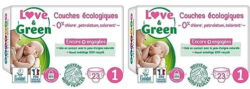 Love & Green - Couches Bébé Saines et Ecologiques - Taille 1 (2-5 kg) - 23 couches - Absorbante, anti-fuites et sans ingrédients indésirables (Lot de 2)