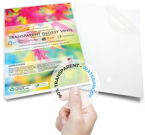 Evergreen Goods 10 Sheets Glossy Low Opacity Sticker Vinyl Labels | 90% Transparent Waterproof Inkjet & Laser Printable Translucent Self Adhesive | Make Your Own Stickers | Sticky Back Clear PVC