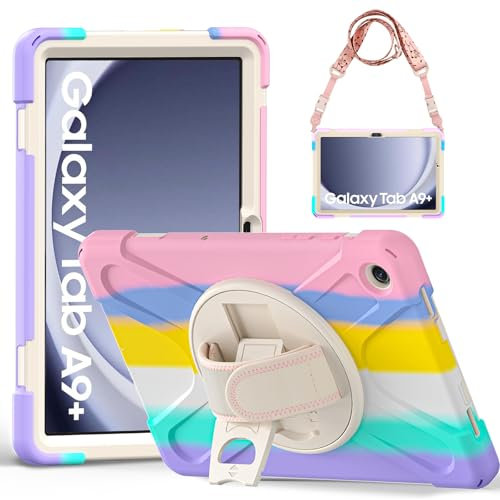 Gerutek Coque Antichoc pour Samsung Galaxy Tab A9 Plus 11 2023 (SM-X210/X216/X218), Étui Armure Robuste avec Support Rotatif, Dragonne et Bandoulière Réglable, Housse pour Tab A9+ Plus, Rose Coloré