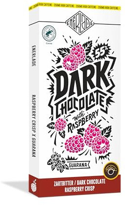 ENERLADE – Frambuesa crujiente amarga (5 x 100 g), chocolate guaraná, cafeína, 350 mg, sin regusto, vegano, sin lactosa, comercio justo, energético, fabricado en Alemania