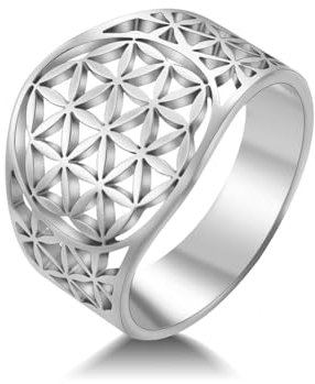 Amaxer Blume des Lebens Ring für Damen, Mandala, heilige Geometrie, trendig, Edelstahl, ausgehöhlt, Statement-Band, Fingerring (Silber, 19mm)