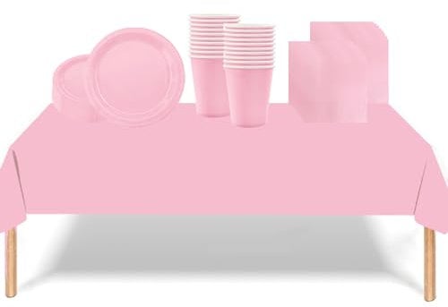 53PCS Baby Pink Party Tableware Decorations for Kids Birthday, Disposable Tableware Set - TableCloth, Table Covers, 7inch Paper Plates, Paper Napkins, Cups for Xmas Birthday Wedding Party Favor