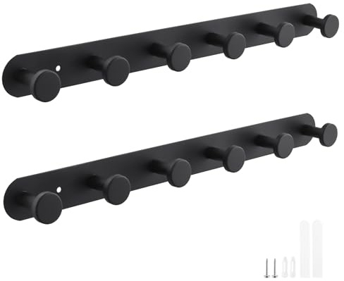 DAKFOOK Lot de 2 crochets muraux autocollants noirs avec 6 rond crochets en acier inoxydable, patère murale ronde 35mm pour vêtements, serviettes, peignoirs