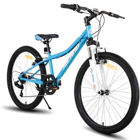 HILAND Climber 24 Zoll Kinderfahrrad, Kinder Mountainbike für Jungen Mädchen mit Federgabel 7 Gang, Kinder MTB mit V-Bremsen, Schwarz/Blau/Mintgrün/Rosa