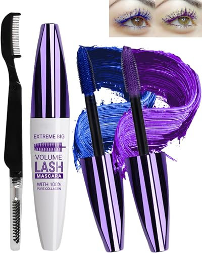 Mascara in fibra di seta colorata 5D, impermeabile, con spazzola a pettine per ciglia, 2 colori blu e viola, waterproof mascara, allungabile, voluminoso, durevole, per cosplay, feste, uso colorato,