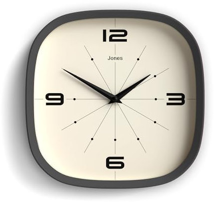 JONES CLOCKS® Pulsar wanduhr | Quadratische abgerundete retrouhr | 25cm | Dunkelgrau | Cooler designerlook für küche, Wohnzimmer oder büro