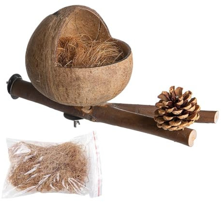 Vogel-Kokosnuss-Hütte | Natürliches Vogelnest aus Kokosnussschale | Papageien-Nistkasten mit Kokosraspeln für Finken, Wellensittiche, Nymphensittiche, Wellensittiche
