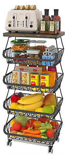 HUOLE Paniers de Rangement empilables en Fil de métal avec roulettes, 5 Niveaux, Panier a Legumes pour la Cuisine, Garde-Manger,Les Toilettes 40 * 30 * 94cm