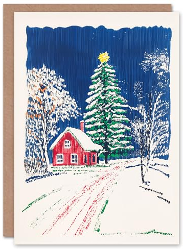 Artery8 Scandinavia Red Cottage Tree Winter Blank For Him Or Her Art Xmas Festive Christmas Card