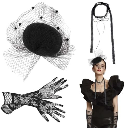 CZAYEFNH Fascinator Hut?Faszinierender Hut Damen - Eleganter Fascinator Schwarz für Beerdigungen und Formelle Anlässe - Vintage Stil Damen Huts Set mit Handschuhen und Halskette