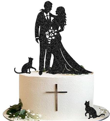 3 x Hochzeitstortenaufsatz mit Glitzer, Brautpaar, Kuchenspieße mit 2 schwarzen Haustier-Katzen, Cupcake-Topper für Hochzeit, Brautparty, Verlobung, Mottoparty, Kuchendekorationen