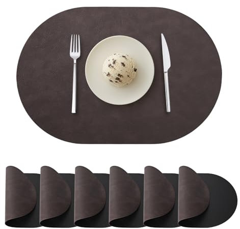 Ovale Tischsets 6er Set, Kunstleder Platzsets für Esstisch Doppelseitige Platzsets Hitzebeständig Waschbar Abwischbar Tischmatten für drinnen und draußen, Dunkelbraun/Schwarz