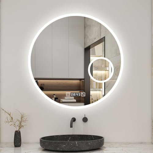 AICA Miroir Salle de Bain Rond 70cm, 3 Couleurs + dimmable + grossissant + Horloge + Anti-buée + mémoire, Miroir Lumineux