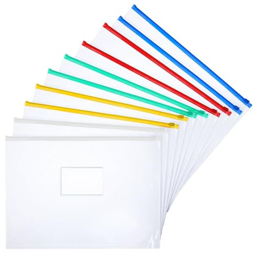 Sibba Confezione da 10 buste in plastica con cerniera, cartelle portadocumenti, formato lettera, buste in polietilene formato A4, per ufficio, viaggi, astuccio, banconote (multicolore)