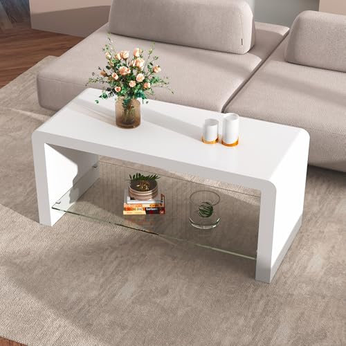 AOYA Modern White Coffee Table with Storage, Rectangle Tea Table with Glass Lower Shelf for Living Room