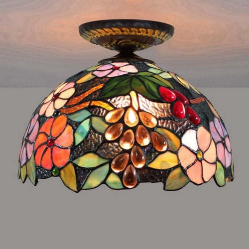 LOGT Deckenleuchte Vintage Mediterrane Style Deckenlampe Retro E27 Beleuchtet Porch Light Deckenleuchten mit Handgefertigte Buntglas Lampenschirm Decken Lampe Runde Farbe Glas