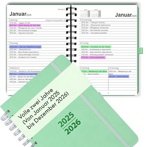 DIN A5 Terminplaner Jan 2025 – Dez 2026 2-Jahres-Kalender auf Deutsch, Terminkalender Wochen-Planer, Agenda & Organizer, Wochenkalender Buchkalender mit Kunstleder-Hardcover & 120 g/m² Papier