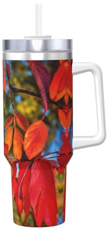 JIUTY Taza de viaje con diseño de hojas rojas y frutas, 1,134.0 g, con asa, de acero inoxidable, para té helado, café, regalo